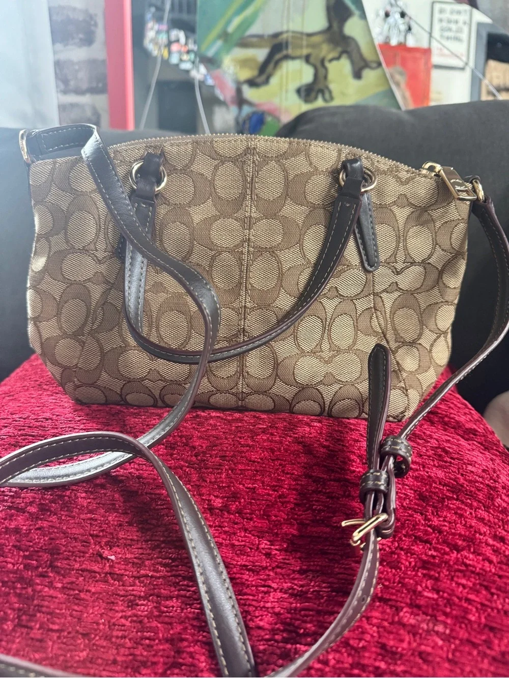 Coach Brown Signature Canvas Satchel with Dark Brown Leather Trim